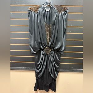 Vintage 80s Stash Black Metallic Shoulder Blouson Cocktail Dress 3/4 USA
